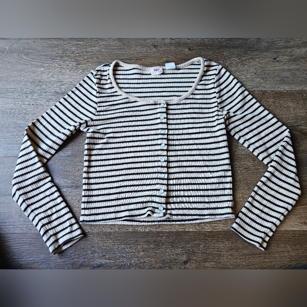 Levis Long Sleeve Striped Top Cropped Pearl Snap Ribbed Womens size Small